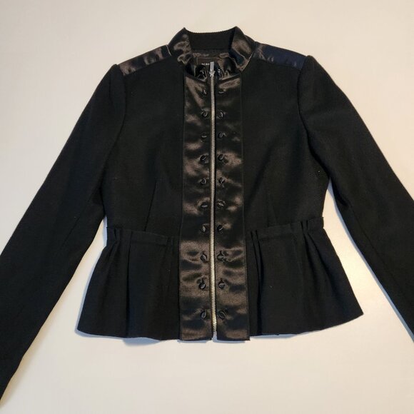 BCBGMAXAZRIA Black Peplum Jacket Satin Button Wool Military Goth Small NEW‎ NWT - Picture 5 of 10